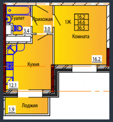 Однокомнатная квартира 36.5 м²